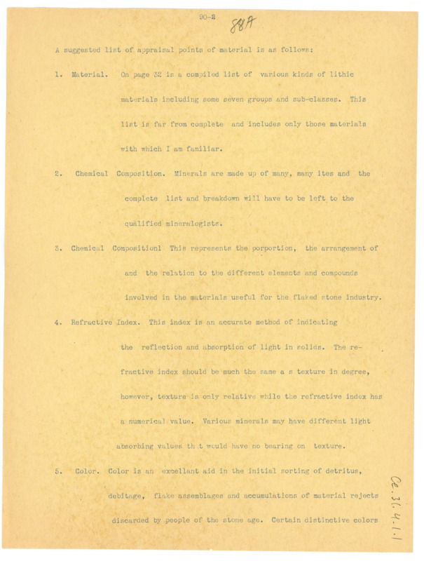 Suggested list of appraisal points of materials, including material, chemical composition, refractive index, etc.