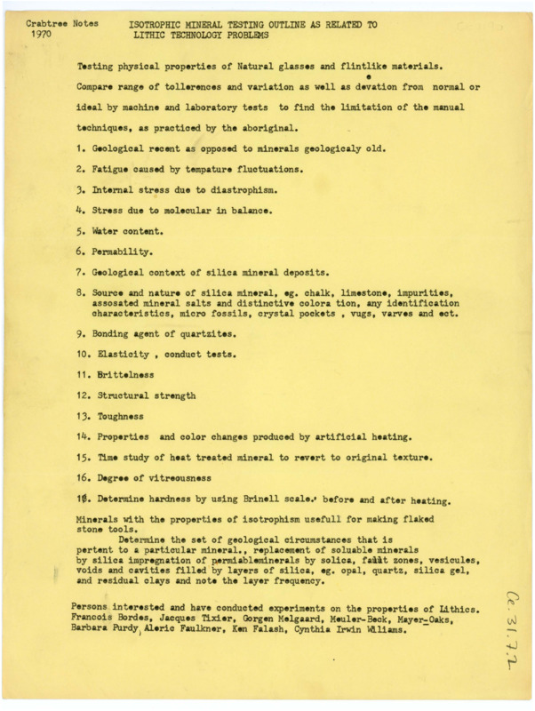 An outline related to the "Isotrophic Mineral Testing Outline as Related to Lithic Technology Problems."