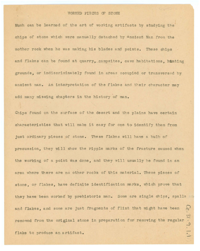 A paper about learning from the chips and flakes detached when making blades and points, with handwritten notes. Missing page 6. Associated with item number: ce_b31_f14-item5.