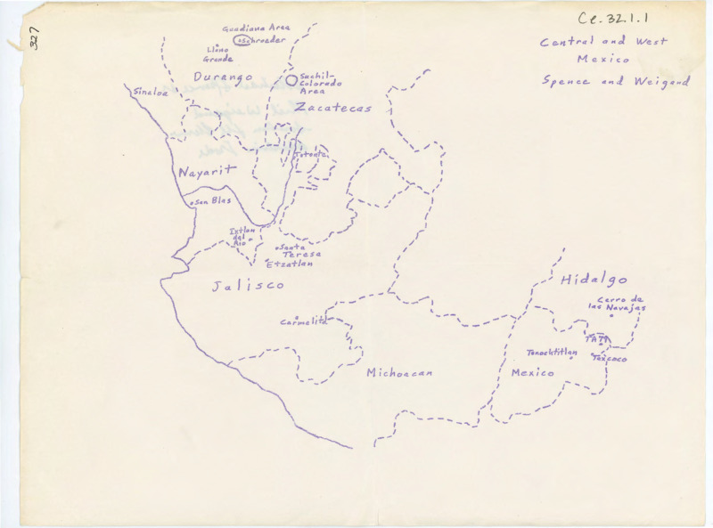 Drawn map of central and west Mexico, Spence, and Weigand. There is a handwritten note on the back of the paper.