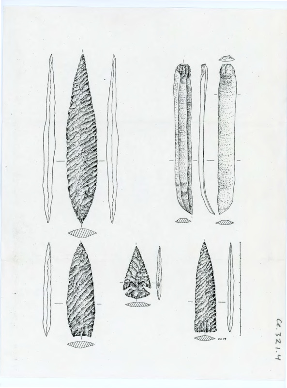 Printed drawing of various lithic artifacts.