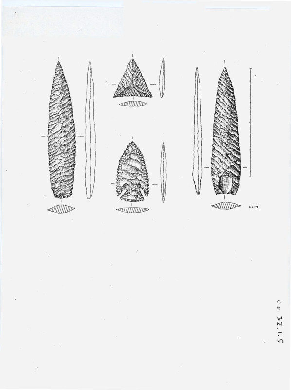 Printed drawing of various lithic artifacts.