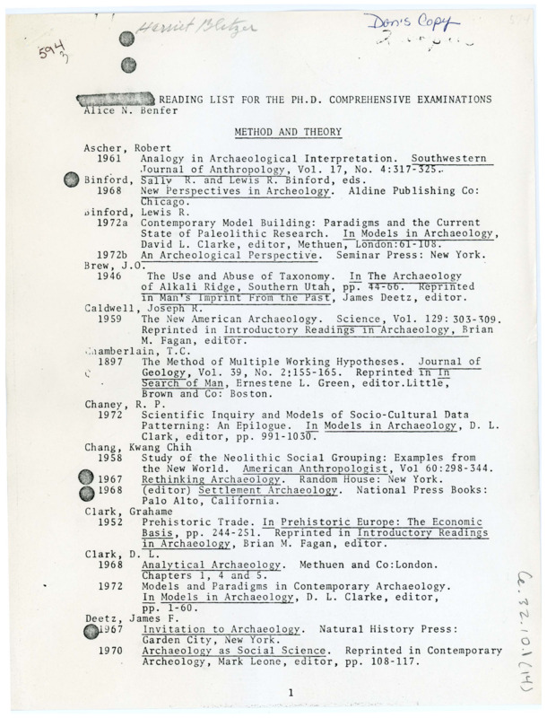 Typewritten reading list for the PH.D. Comprehensive Examinations for Alice N. Benfer. "Don's copy" is written in the top right corner of the first page, and each subsequent page lists a required reading separated by sections.