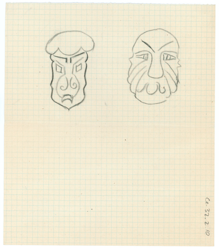 Hand drawn sketches of two humanoid faces on graph paper. Could be masks.