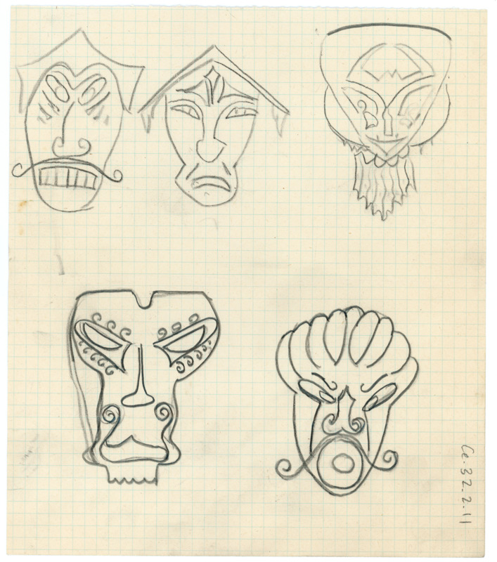 Hand drawn sketches of five humanoid faces on graph paper. Could be masks.