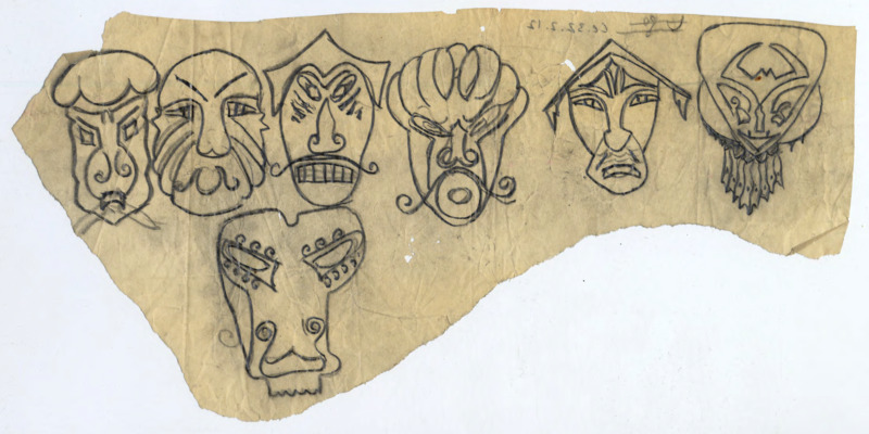 Hand drawn sketches of seven humanoid faces. Could be masks.