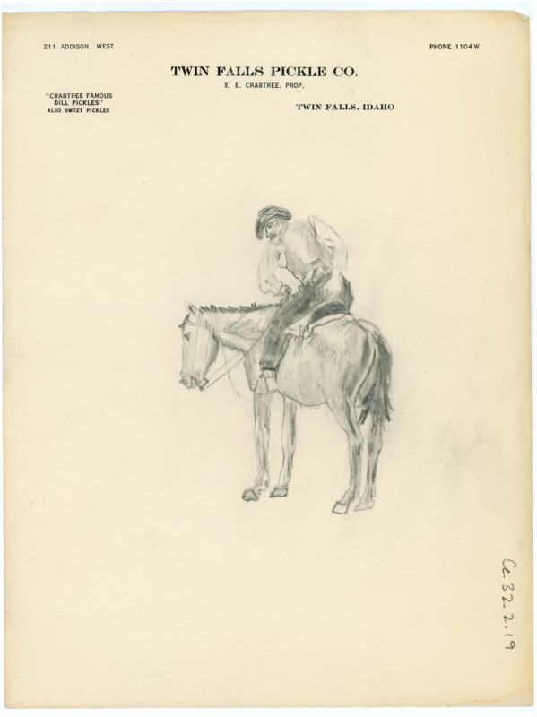 Hand drawn sketch of a man riding on top of a horse. The man appears to be a cowboy. It is sketched on paper with "Twin Falls Pickle Co." heading.