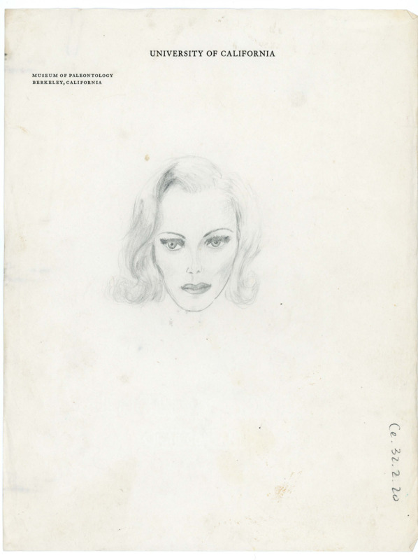 Hand drawn sketch of a woman's face with hair that comes down to her chin. It is drawn on paper with "University of California" heading.