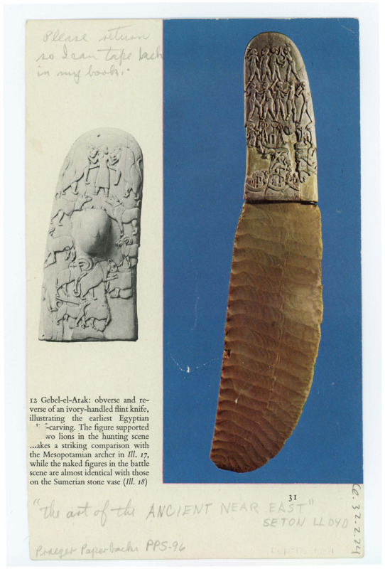 Printed photo of a ivory-handled flint knife from Egypt cut out from a magazine.