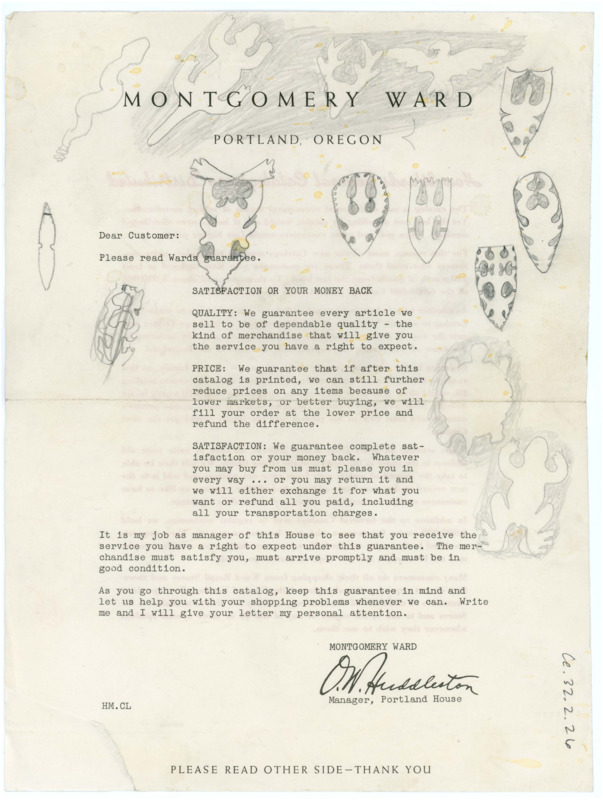 Hand drawn sketches of various shapes, some lithic shapes, on a letter from the manager of the Montgomery Ward catalog.