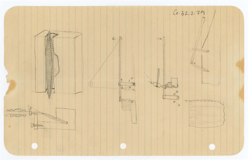 Hand drawn sketches of various mechanisms for flintknapping. There is an illegible note on the back of the paper