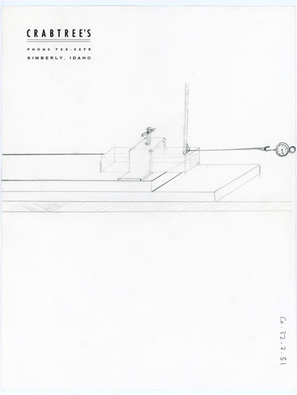 Hand drawn sketch of one of Crabtree's vices or clamp used for flintknapping drawn on paper with "Crabtree's" heading.