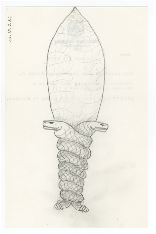 Hand drawn sketch of a knife with two snakes drawn as the handle of the blade. It is drawn on the back of a letter from Helen.