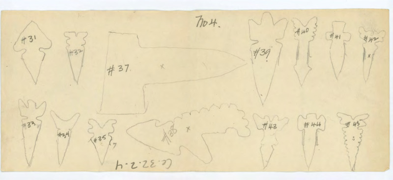 Hand drawn outlines of various lithic artifacts, all numbered.