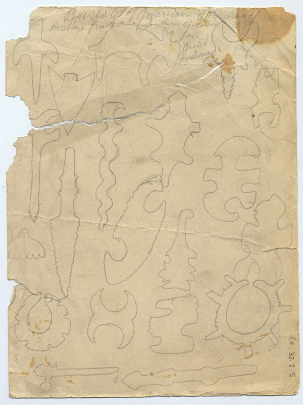 Hand drawn outlines of various lithic artifacts, all unnumbered. A mostly illegible note at top of page mentions Southern Yucatan and British Honduras. The second page has a hand drawn woman figure, fully nude.