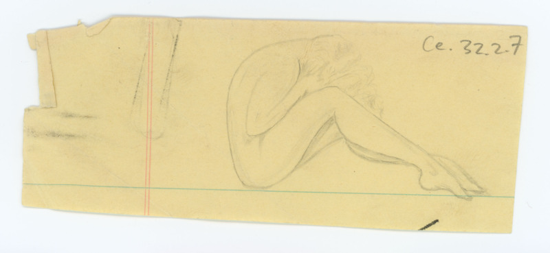 Hand drawn sketch of a woman sitting on the ground, leaning down into her knees and crying.