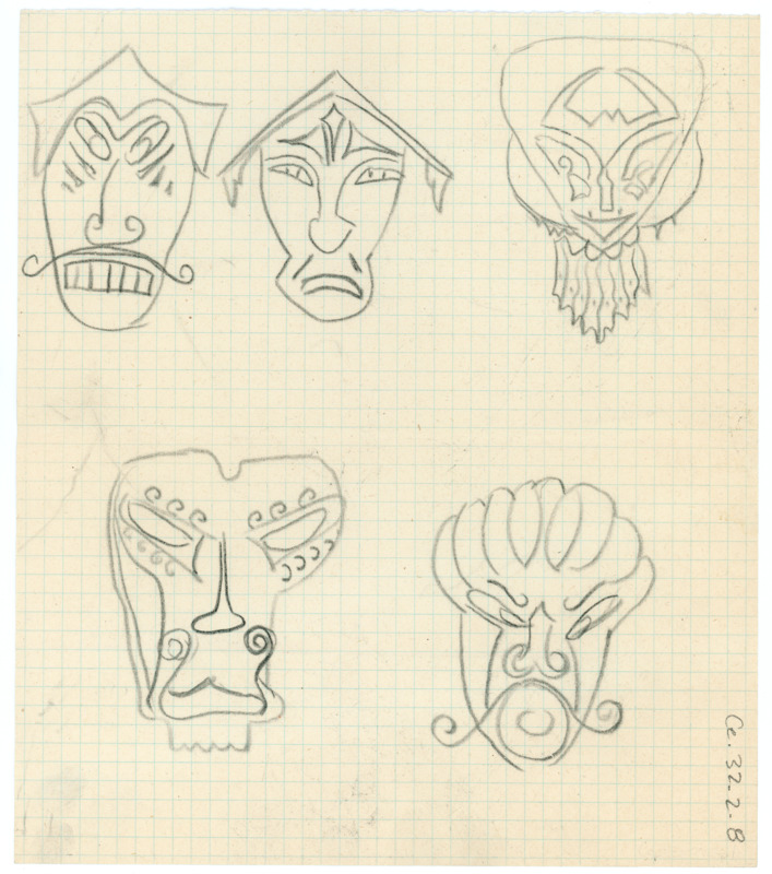 Hand drawn sketches of five humanoid faces on graph paper. Could be masks.