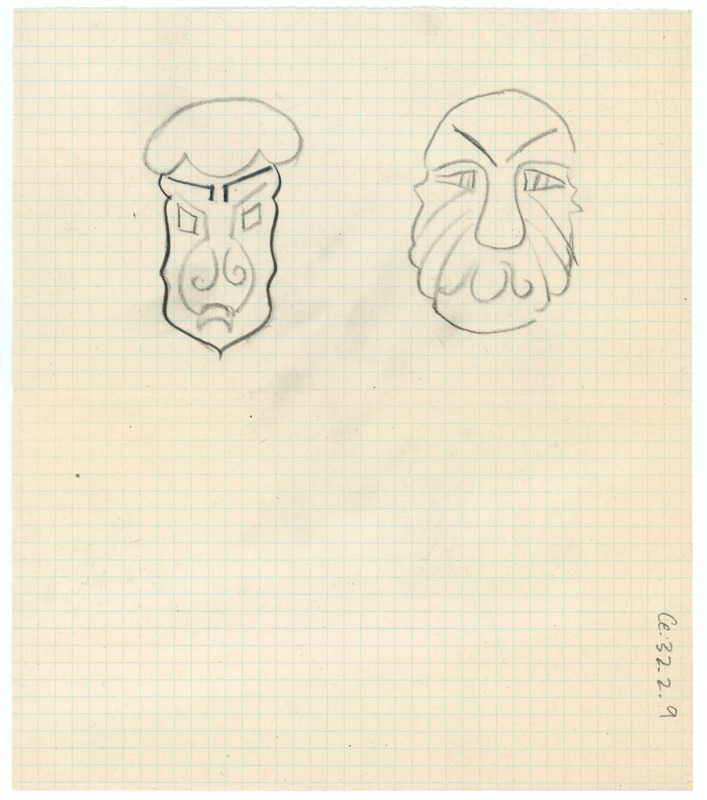 Hand drawn sketches of two humanoid faces on graph paper. Could be masks.