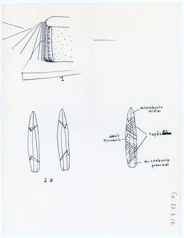 Hand drawn sketches of some artifacts showing off the different points of microburins on an artifact.