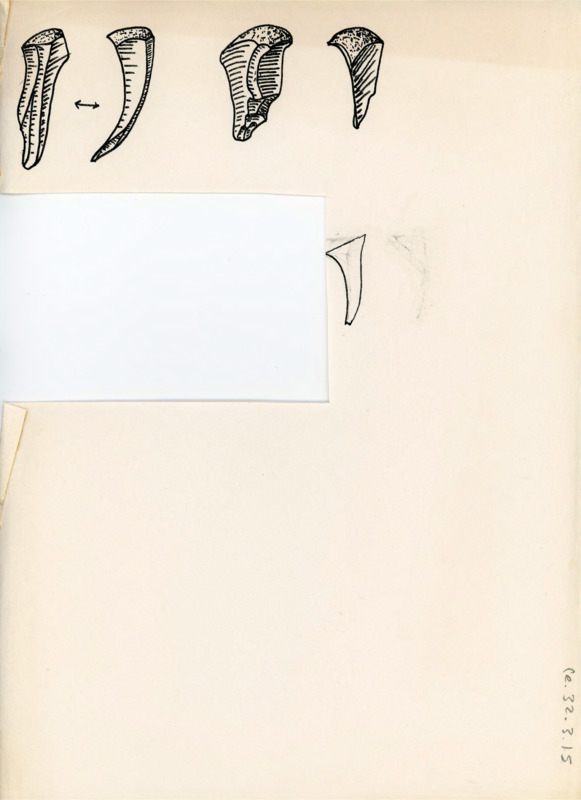 Hand drawn sketches of two artifacts, showing two sides of each artifact. Part of the page was previously cut out.