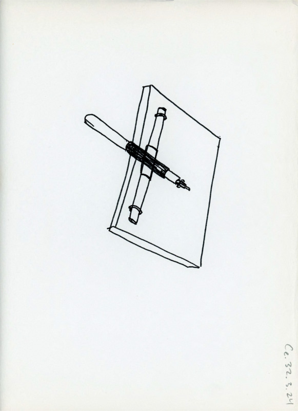 Hand drawn sketch of a clamping device used for flintknapping.