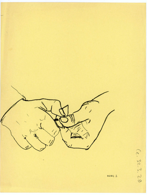 Hand drawn sketch of two hands working on flintknapping an artifact.