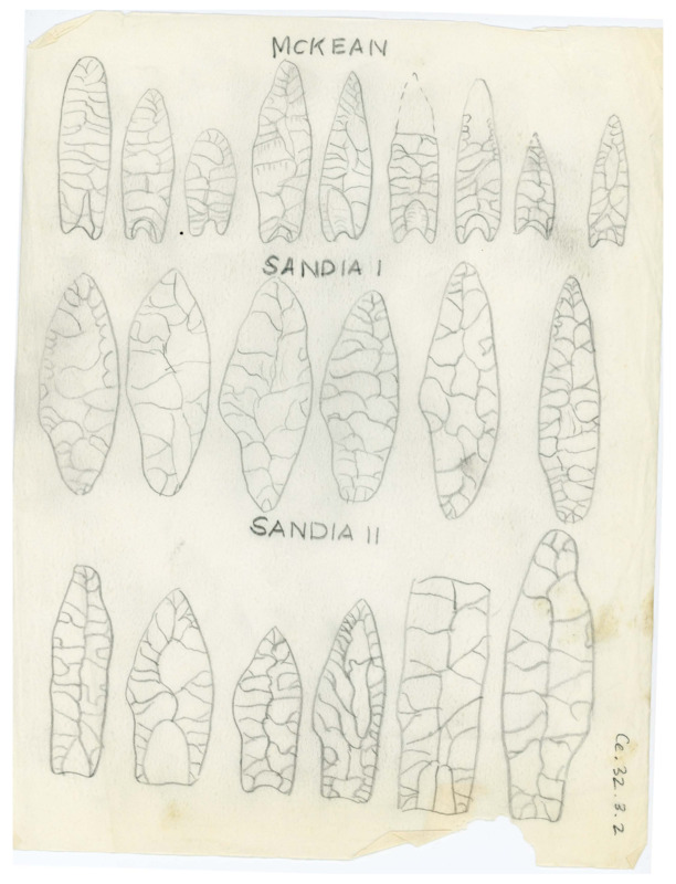 Hand drawn sketches of various flakes and artifacts. They are drawn in lines and labelled as follows, "McKean, Sandia I, Sandia II."