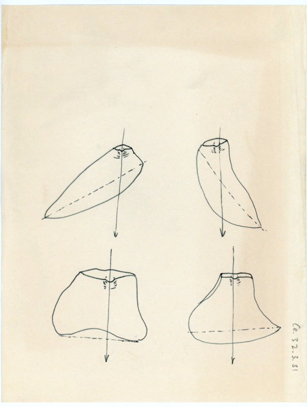 Hand drawn sketches of what appear to be artifacts or flakes at various angles with diagrams drawn over them.