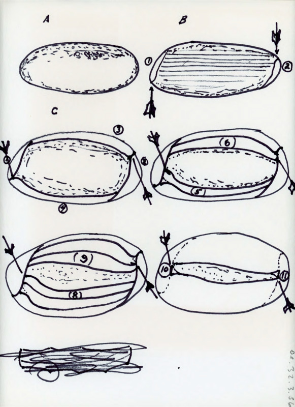 Hand drawn directions on how to create a blade through flintknapping with each step numbered and the original shape of the rock visible in each step.