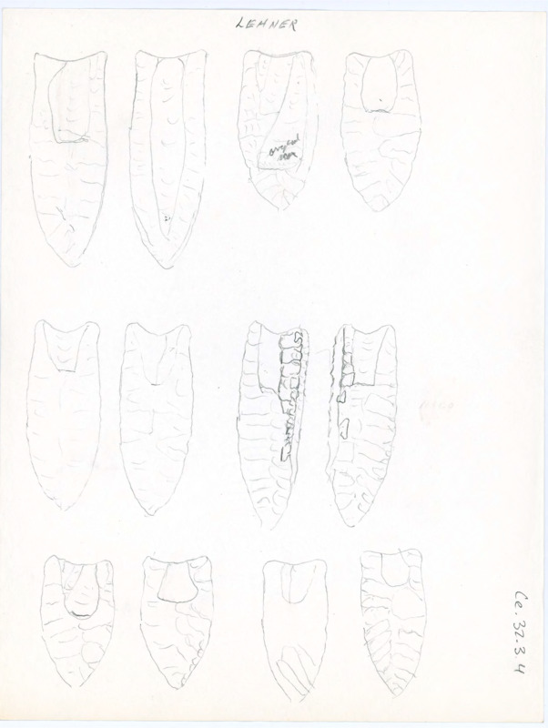 Hand drawn sketches of various artifacts labeled as "Lehner." There is varying levels of details in the sketches.