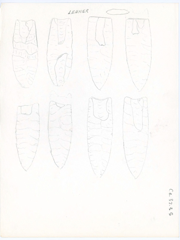 Hand drawn sketches of various artifacts labeled as "Lehner." There is varying levels of details in the sketches.