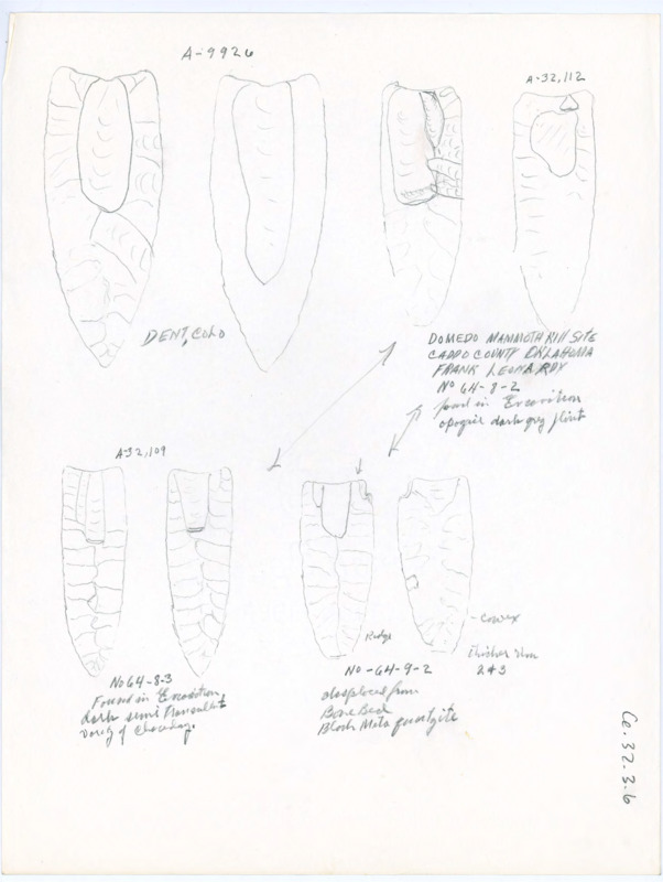 Hand drawn sketches of artifacts from the Domebo Mammoth Kill Site with descriptions of the artifacts pictured.