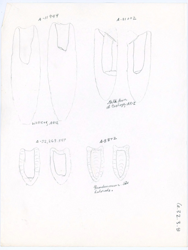 Hand drawn sketches of artifacts, two from Arizona and one from Colorado. Both sides of the artifacts are drawn, and the fourth artifact is not labeled.