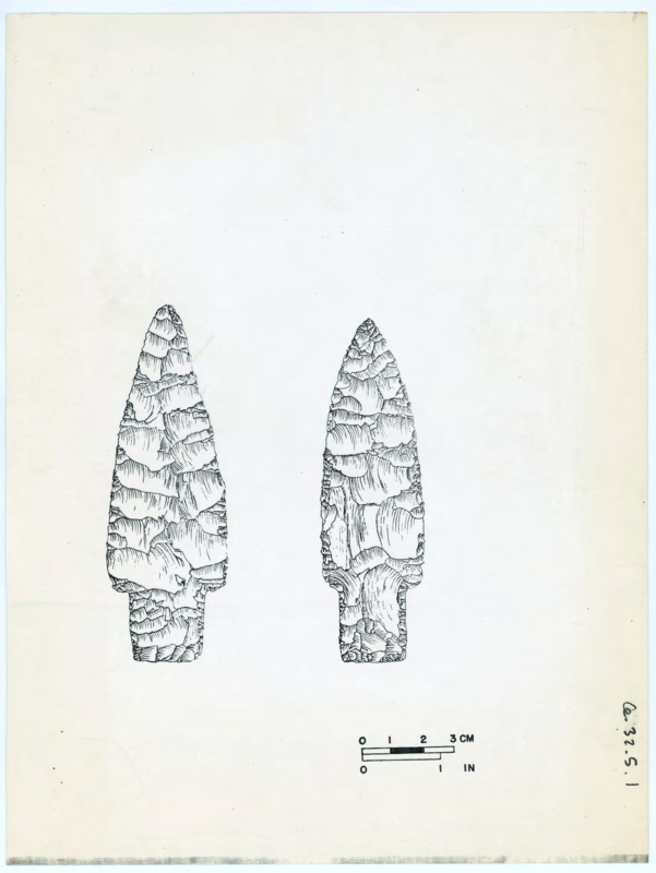 Printed sketch of a projectile point with great detail and a scale bar.