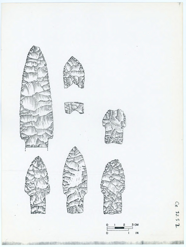 Printed sketch of several projectile points with great detail and a scale bar.