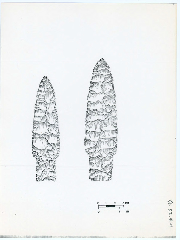 Printed sketch of two projectile points with great detail and a scale bar.