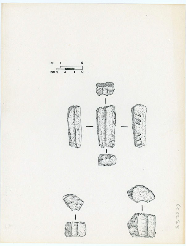 Printed sketches of several cores and flakes with a scale bar.