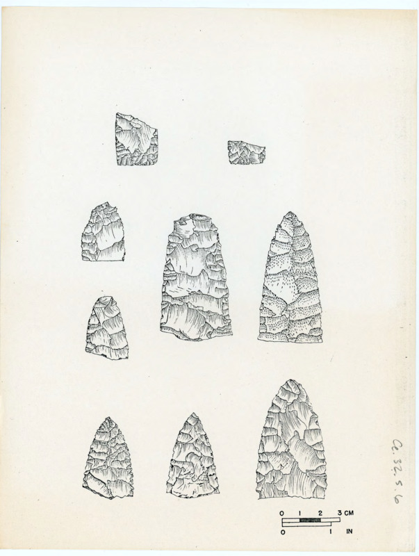 Printed sketch of several projectile points with great detail and a scale bar.