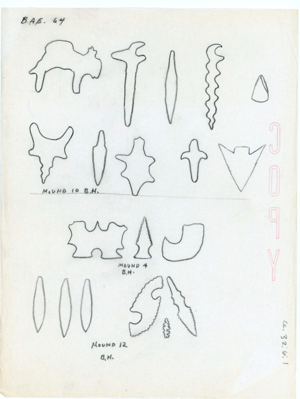 Hand drawn outline sketches of artifacts which are labelled as mounds. There is no detail within the outlines.