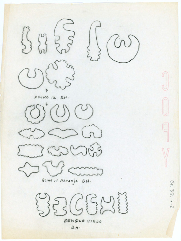 Hand drawn outline sketches of artifacts which are labelled as mounds. There is no detail within the outlines.