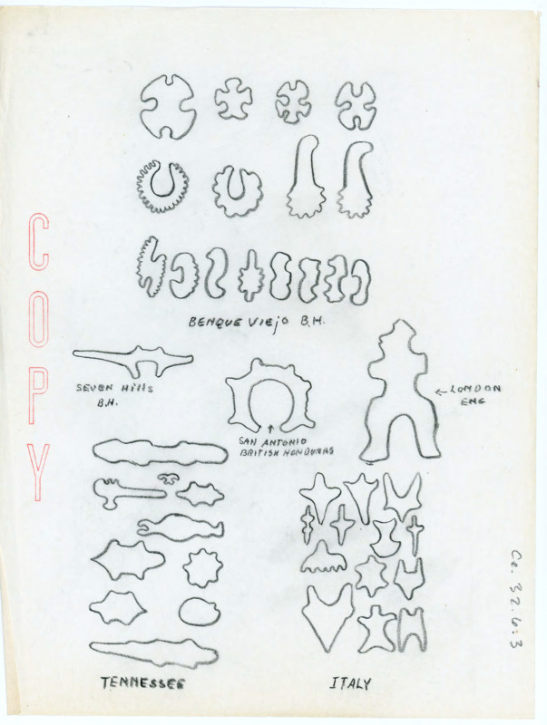 Hand drawn outline sketches of artifacts which are labelled from where they are from. There is no detail within the outlines.