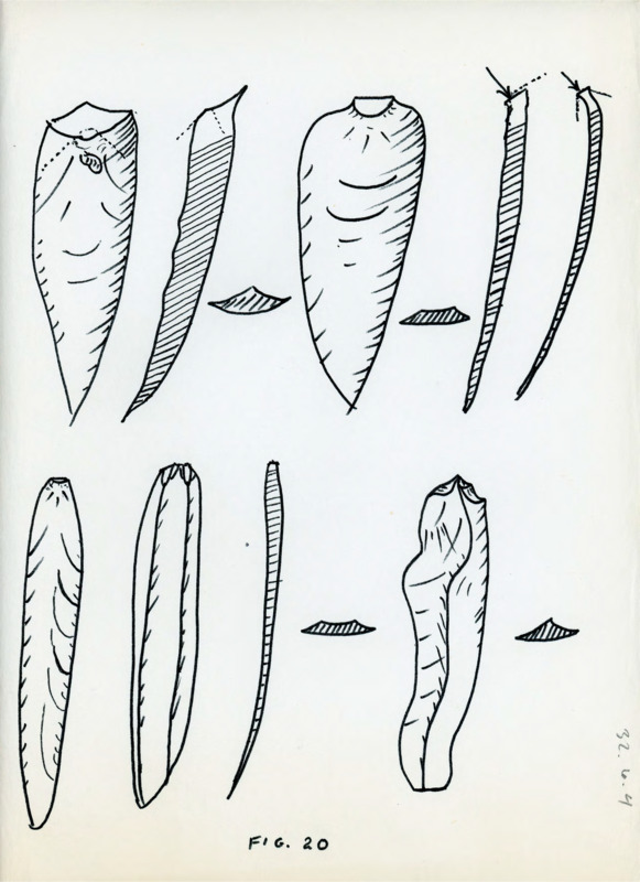 Hand drawn sketches of various flakes and cores with minor detail. Labelled as "fig. 20."