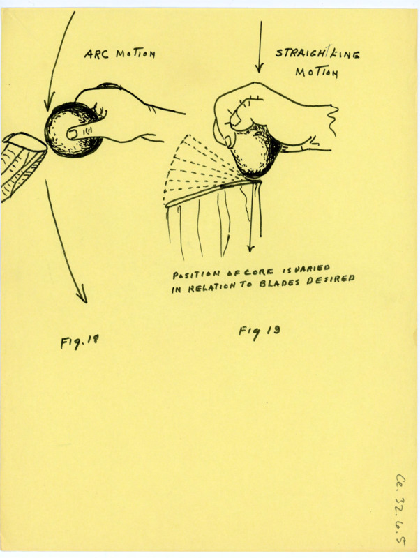 Hand drawn sketches showing the direction of motion for flintknapping.