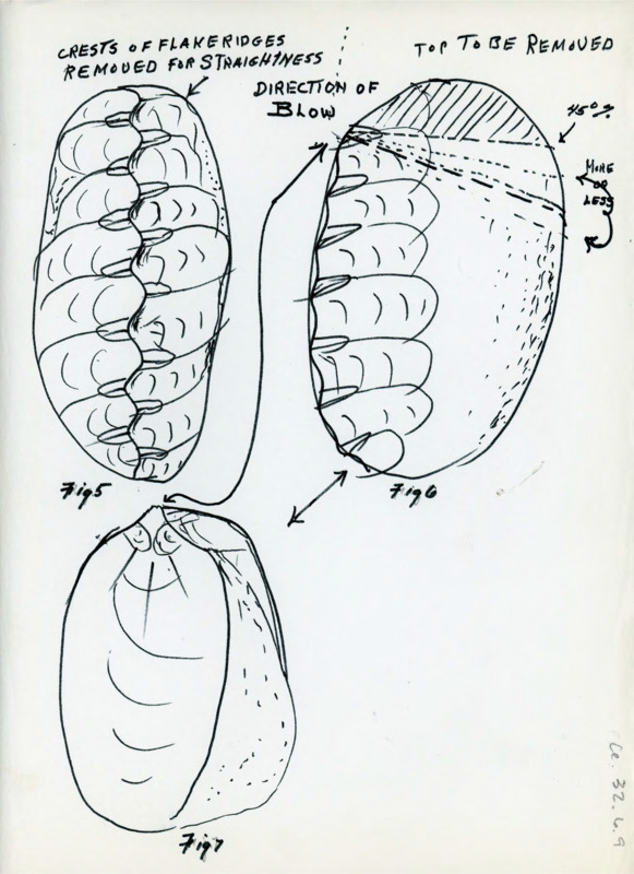 Hand drawn diagram showing the flaking process with a hammerstone. There are notes explaining the method. Continuation of B32_F6-Item8.