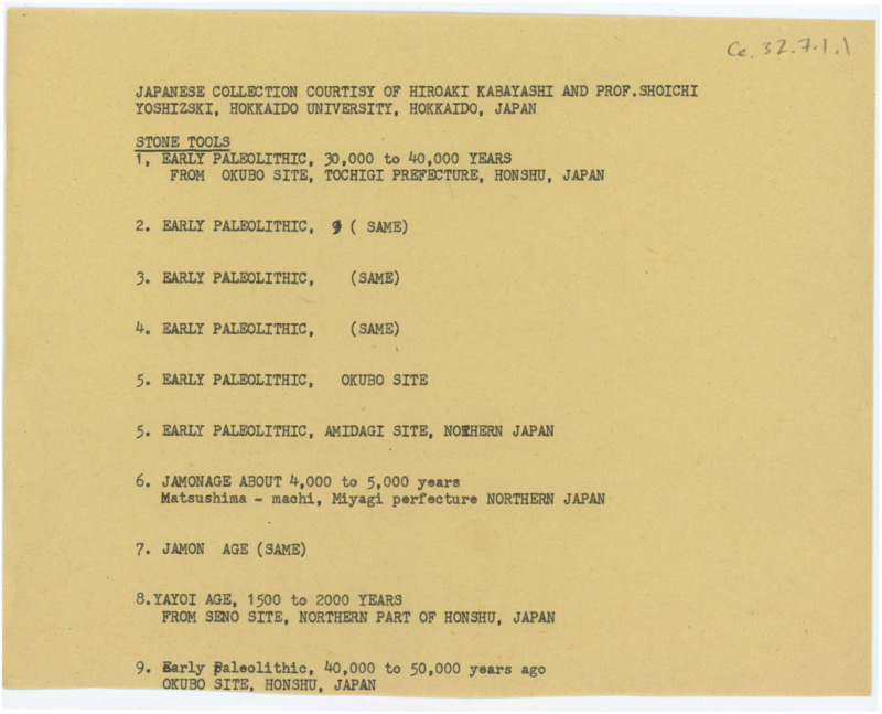 Typewritten list of artifacts sent from Hiroaki Kabayashi and Shoichi Yoshizski that includes a list of stone tools and potteries from Japan.