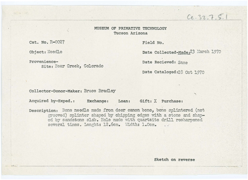 Typewritten copy of a receipt showing confirmation of a donation received from Bruce Bradley, where he donated a needle made from bone to the Museum of Primitive Technology in Tucson, Arizona.