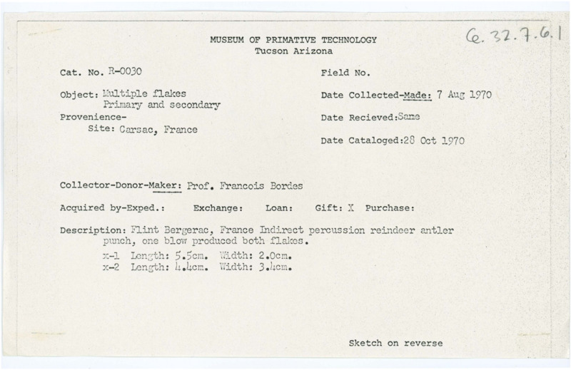 Typewritten copy of a receipt showing confirmation of a donation received from Francois Bordes, where he donated many flakes to the Museum of Primitive Technology in Tucson, Arizona.