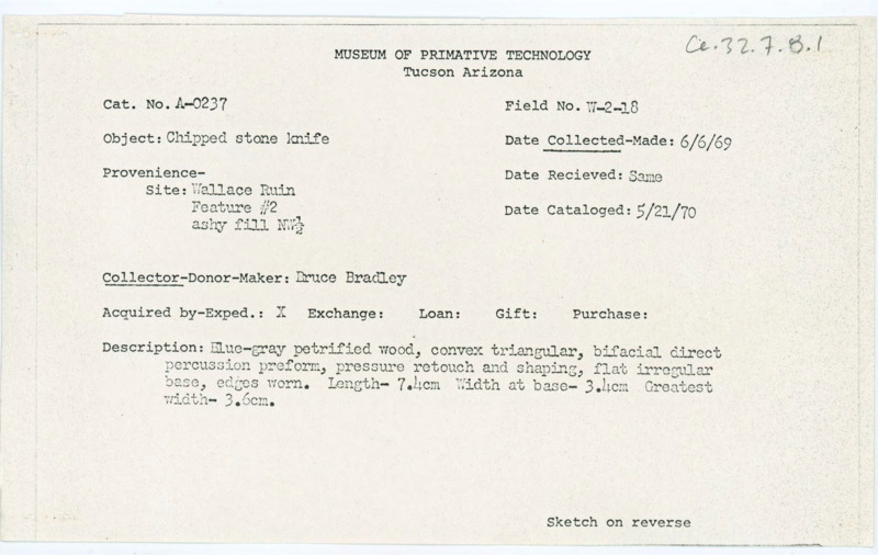 Typewritten copy of a receipt showing confirmation of a donation received from Bruce Bradley, where he donated a chipped stone knife to the Museum of Primitive Technology in Tucson, Arizona.