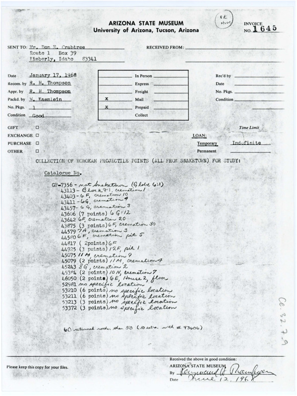 Typewritten form filled out to show the record of donation of Hohokam projectile points from the Arizona State Museum to Donald Crabtree.