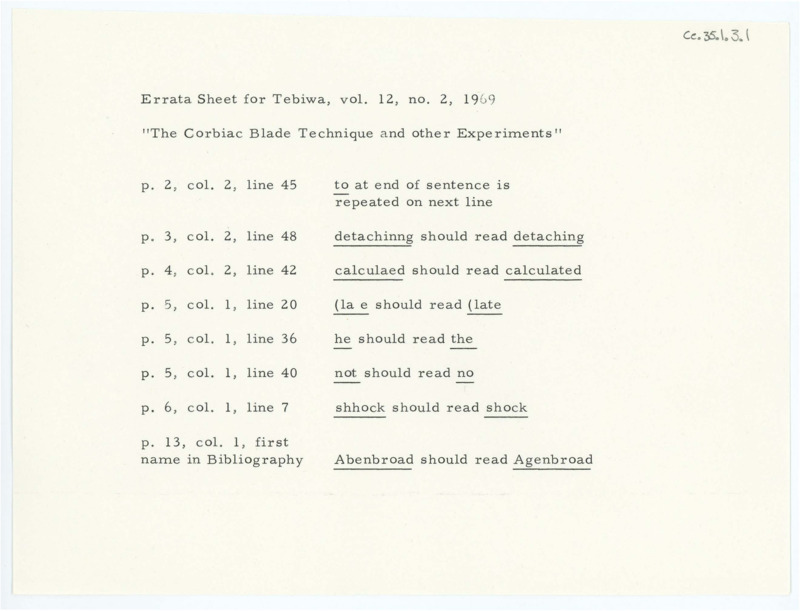 List of edits needed to be made in the Tebiwa article, "The Corbiac Blade Technique and Other Experiments." The list includes page number references and what needs to be fixed in the writing.